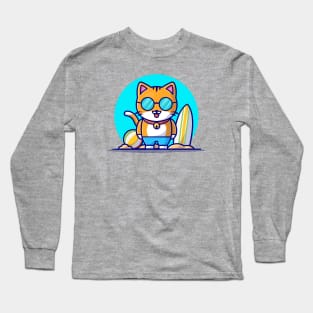 Cute Cat at Beach Cartoon Vector Icon Illustration Long Sleeve T-Shirt